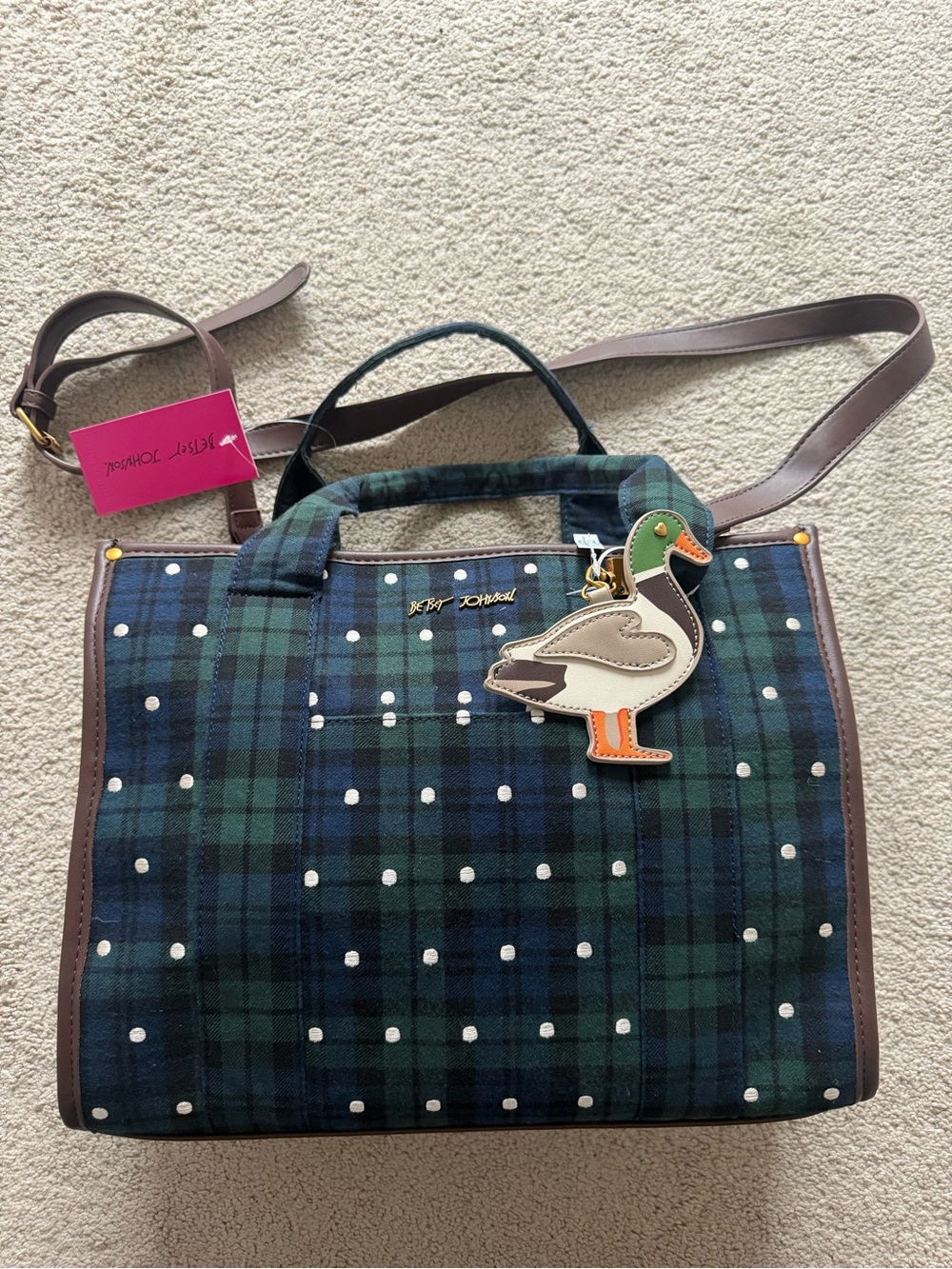 Betsey Johnson Green Plaid Tartan Dot Tote with Duck Charm